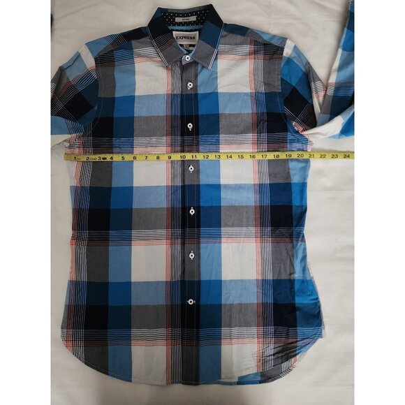 EXPRESS Men's Blue/Multicolor Fitted Plaid Long Sleeve Shirt Size Medium - Picture 10 of 12